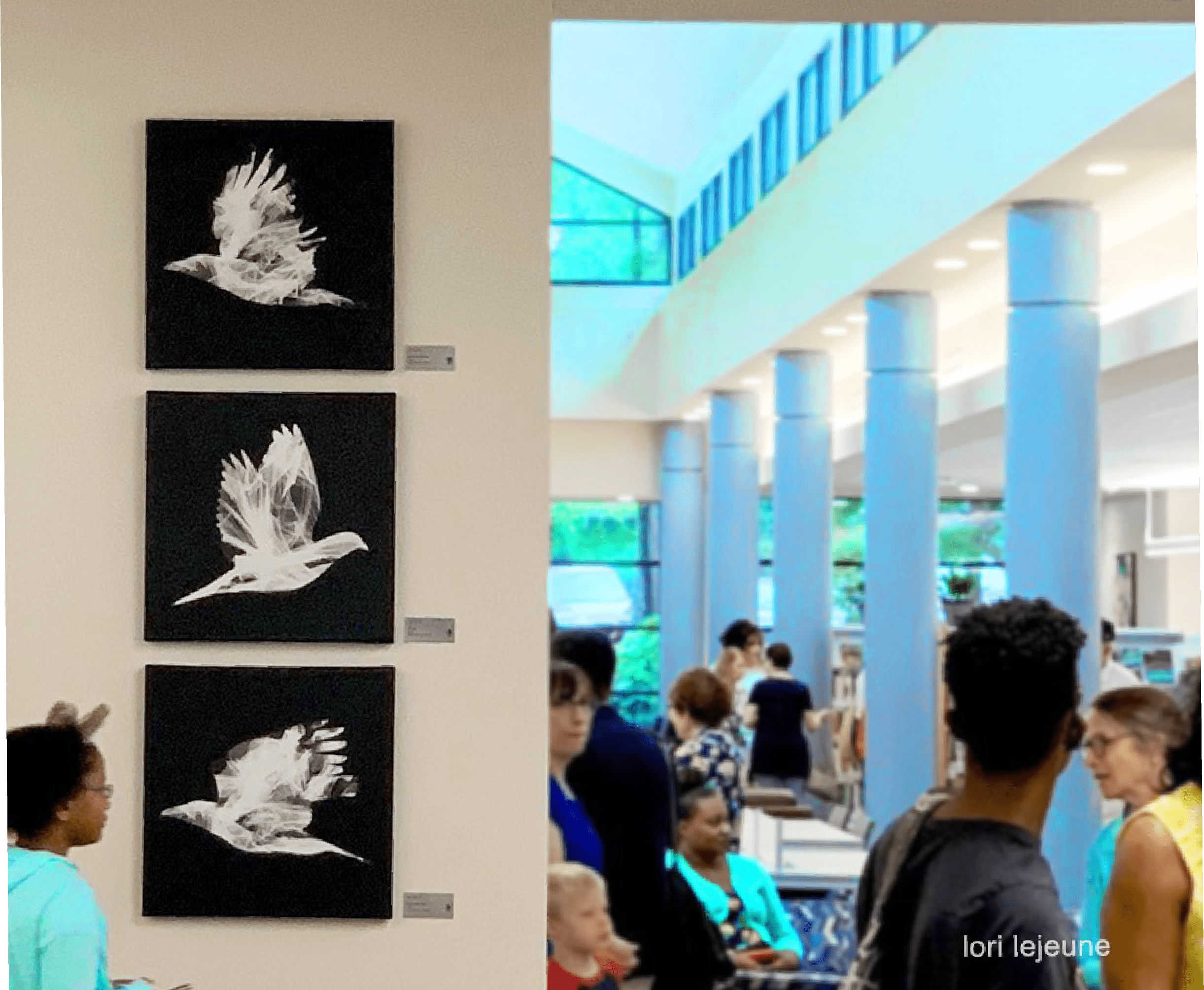 white art on black, people in library